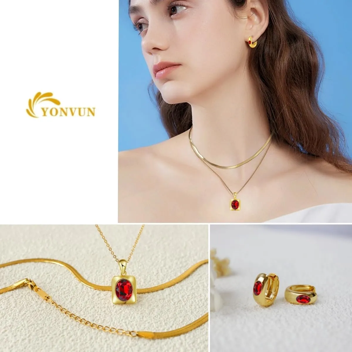 Trendy Separate Layered Choker Pendant Necklace | 18k Gold Plated Snake Herringbone Flat Stackable Chain Rectangle Gemstone Crystal Zircon Necklace | Preppy Dainty Jewelry Set Gift