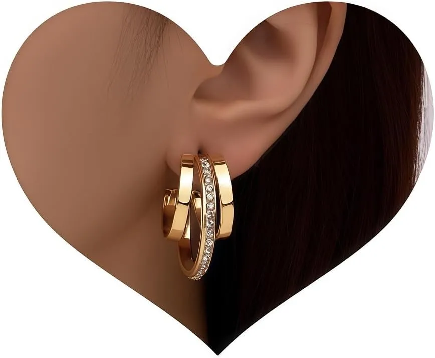 Triple-Layer Crystal Hoop Earrings, Gold Plated, Rhinestone Accents