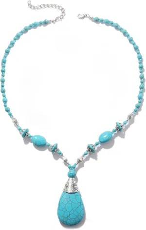 Turquoise Necklace, Boho Long Beaded Necklace with Vintage Ethnic Bohemian Turquoise Pendant - Statement Western Jewelry Gifts for Women