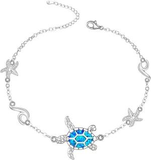 Turtle Anklet Blue Opal Sea Turtle Ankle Bracelets for Women Sterling Silver Cute Wave Starfish Ocean Anklets Jewelry Charms Holiday Summer Gifts