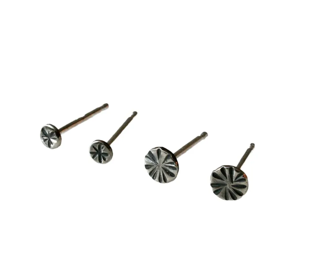 Two pairs of Round Hammered Silver Stud Earrings, 925 Sterling Silver Earrings, Earrings for Cartilage and Lobes, Rustic Western Style
