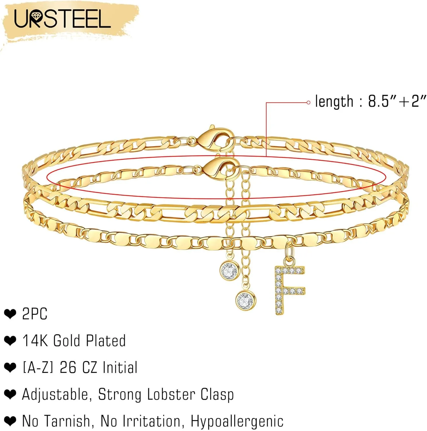 Ursteel Ankle Bracelets for Women, 14K Gold Plated Dainty Layered Chain CZ Initial Anklets Set Summer Jewelry Gifts for Women
