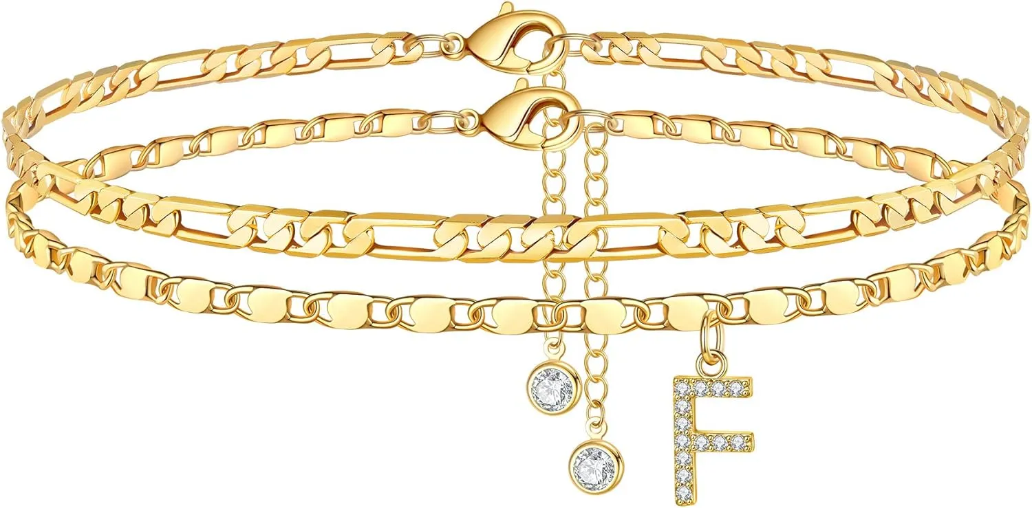 Ursteel Ankle Bracelets for Women, 14K Gold Plated Dainty Layered Chain CZ Initial Anklets Set Summer Jewelry Gifts for Women