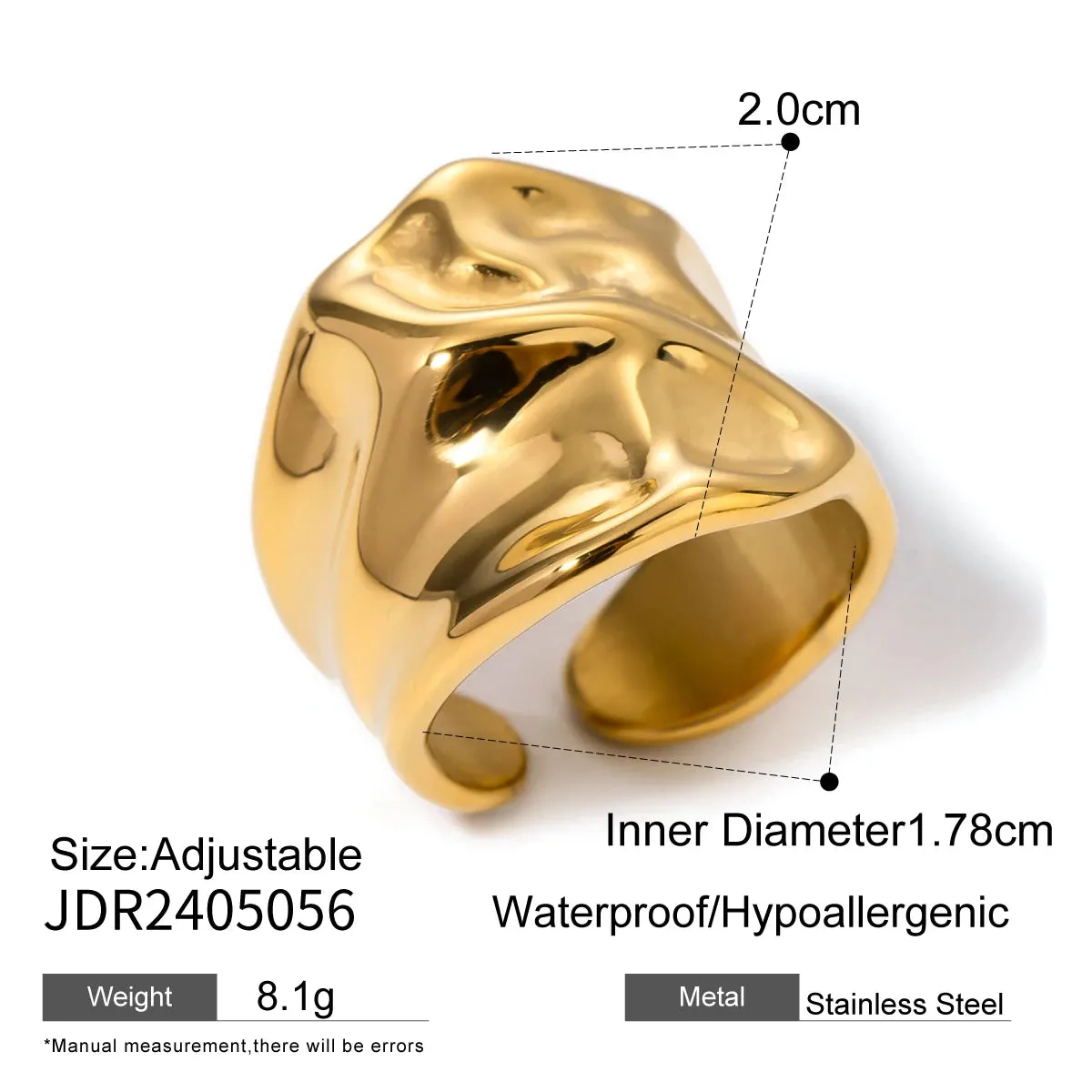 VAIGE Irregular Hammered Texture Wide Opening Stainless Steel Ring - Tarnish Free Fashion Jewelry for Parties