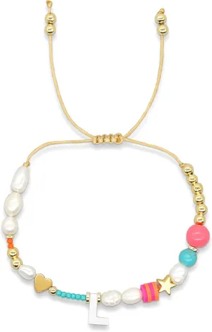 Valentines Day Initial Pearl Beaded Adjustable Bracelets for Women, Cute Handmade Gold Clay Beads Friendship Heart Letter Name Bracelet Holiday Beach Jewelry Friend Gift