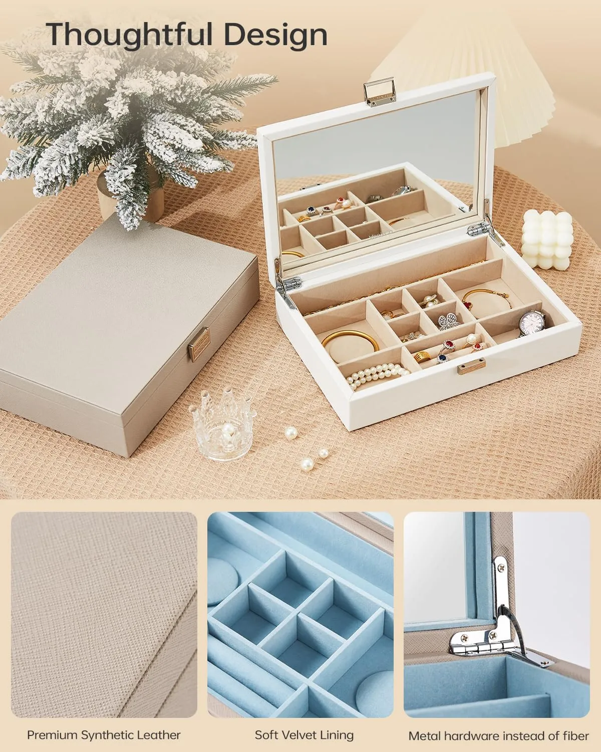 Vee Jewelry Box with Lid,2-Layer Jewelry Organizer with big Mirror, PU Leather Jewelry Storage Display Holder for Necklace Earrings Rings Bracelets,Lockable,Gift for Women Girls (1 Layer Grey)