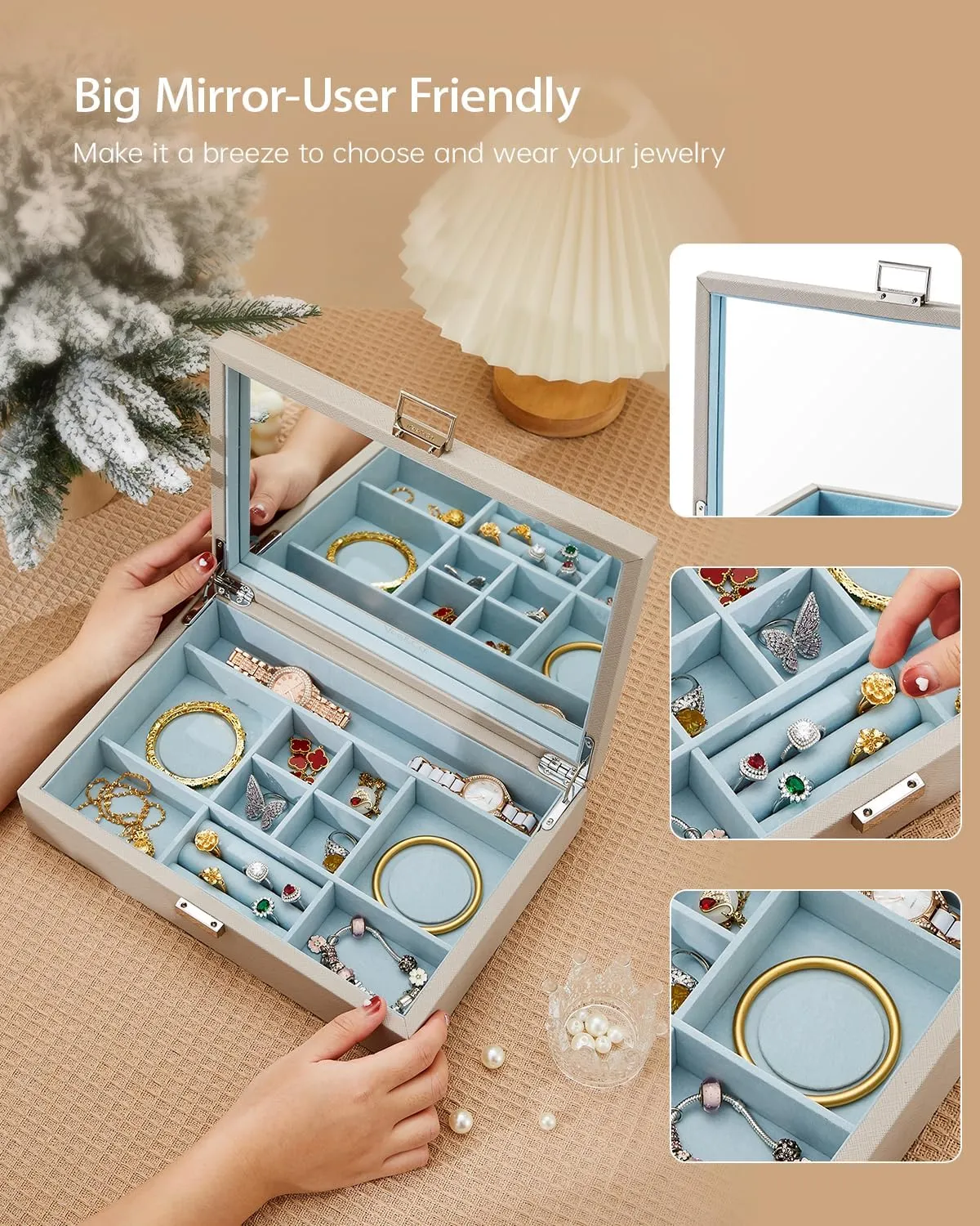 Vee Jewelry Box with Lid,2-Layer Jewelry Organizer with big Mirror, PU Leather Jewelry Storage Display Holder for Necklace Earrings Rings Bracelets,Lockable,Gift for Women Girls (1 Layer Grey)