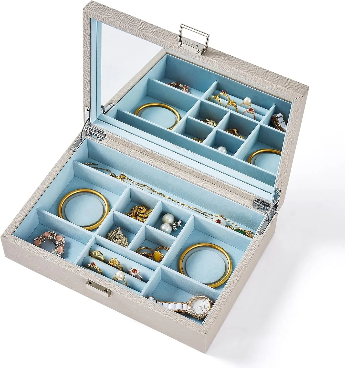 Vee Jewelry Box with Lid,2-Layer Jewelry Organizer with big Mirror, PU Leather Jewelry Storage Display Holder for Necklace Earrings Rings Bracelets,Lockable,Gift for Women Girls (1 Layer Grey)