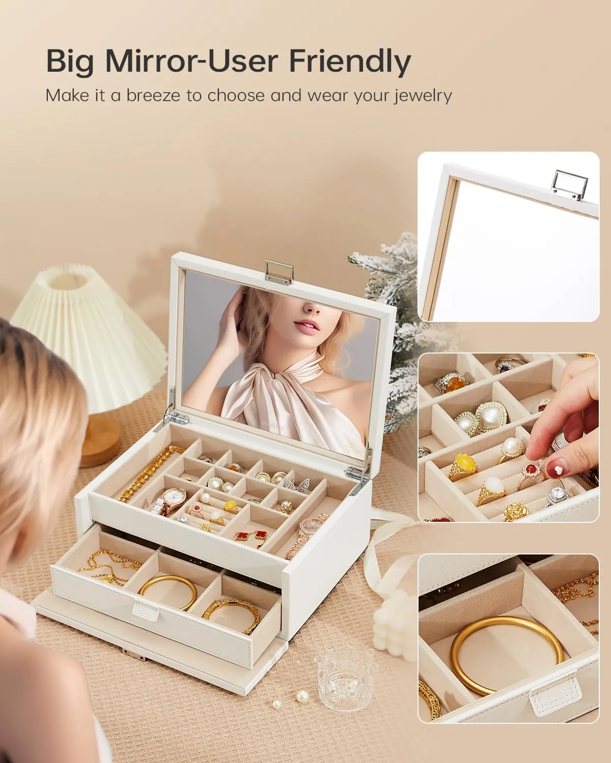 Vee Jewelry Box with Lid,2-Layer Jewelry Organizer with big Mirror, PU Leather Jewelry Storage Display Holder for Necklace Earrings Rings Bracelets,Lockable,Gift for Women Girls (2 Layers White)