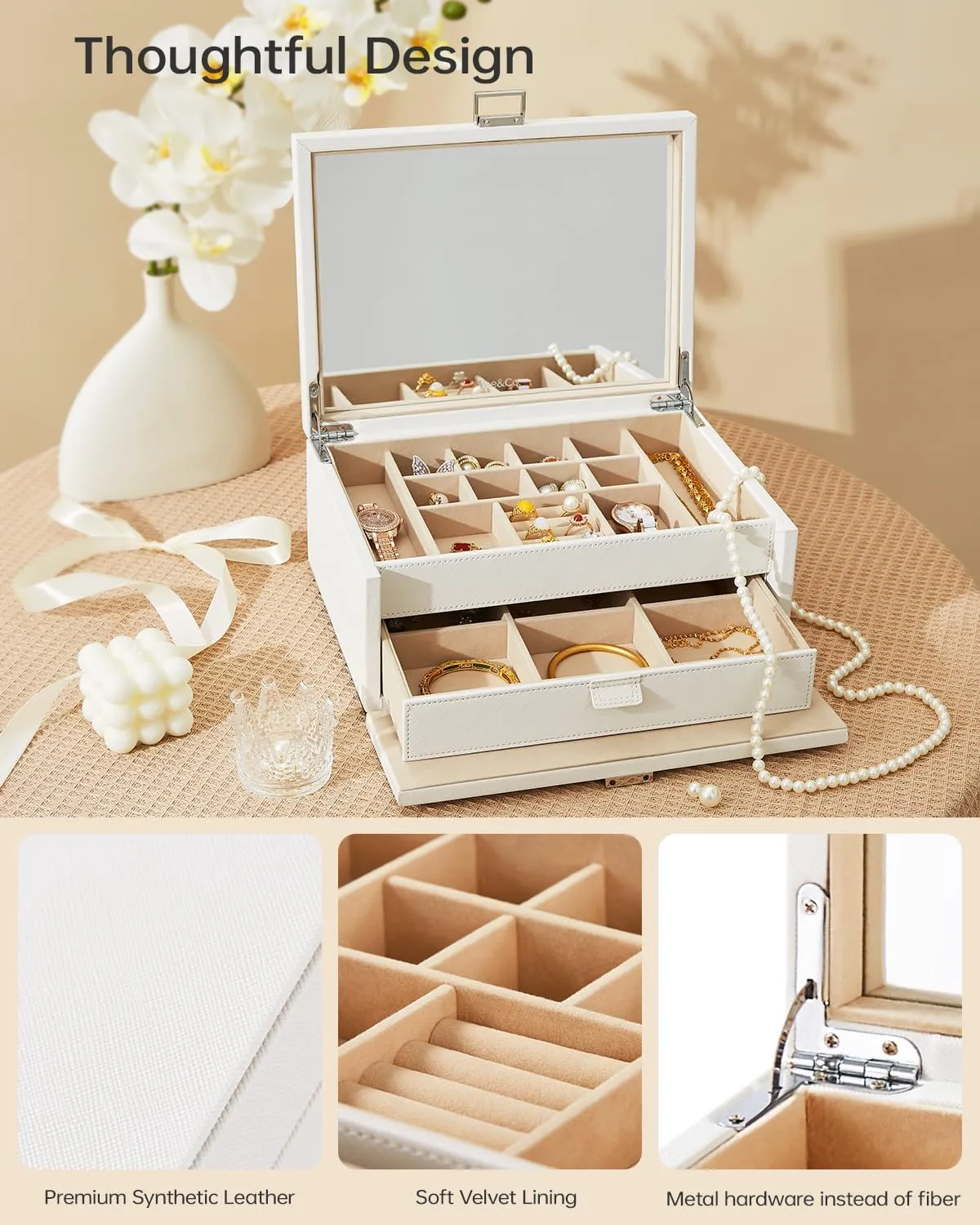 Vee Jewelry Box with Lid,2-Layer Jewelry Organizer with big Mirror, PU Leather Jewelry Storage Display Holder for Necklace Earrings Rings Bracelets,Lockable,Gift for Women Girls (2 Layers White)