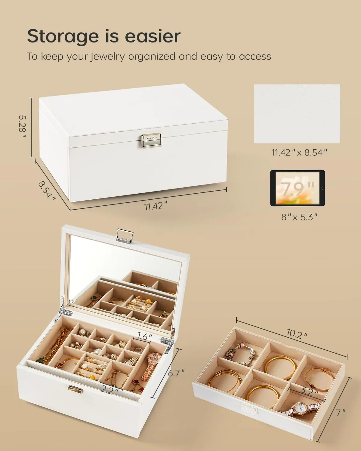 Vee Jewelry Box with Lid,2-Layer Jewelry Organizer with big Mirror, PU Leather Jewelry Storage Display Holder for Necklace Earrings Rings Bracelets,Lockable,Gift for Women Girls (2 Layers White)