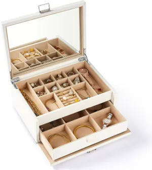 Vee Jewelry Box with Lid,2-Layer Jewelry Organizer with big Mirror, PU Leather Jewelry Storage Display Holder for Necklace Earrings Rings Bracelets,Lockable,Gift for Women Girls (2 Layers White)