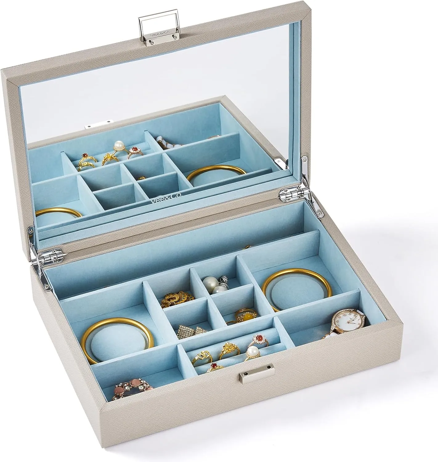 Vee Jewelry Box with Lid,Jewelry Organizer with big Mirror,PU Leather Jewelry Storage Display Holder for Necklace Earrings Rings Bracelets,Lockable,Gift for Women Girls(Grey)