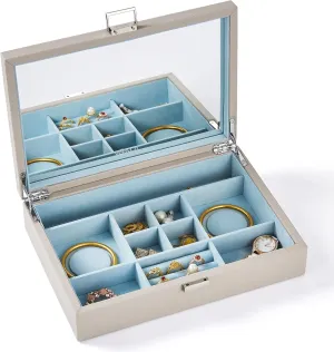 Vee Jewelry Box with Lid,Jewelry Organizer with big Mirror,PU Leather Jewelry Storage Display Holder for Necklace Earrings Rings Bracelets,Lockable,Gift for Women Girls(Grey)