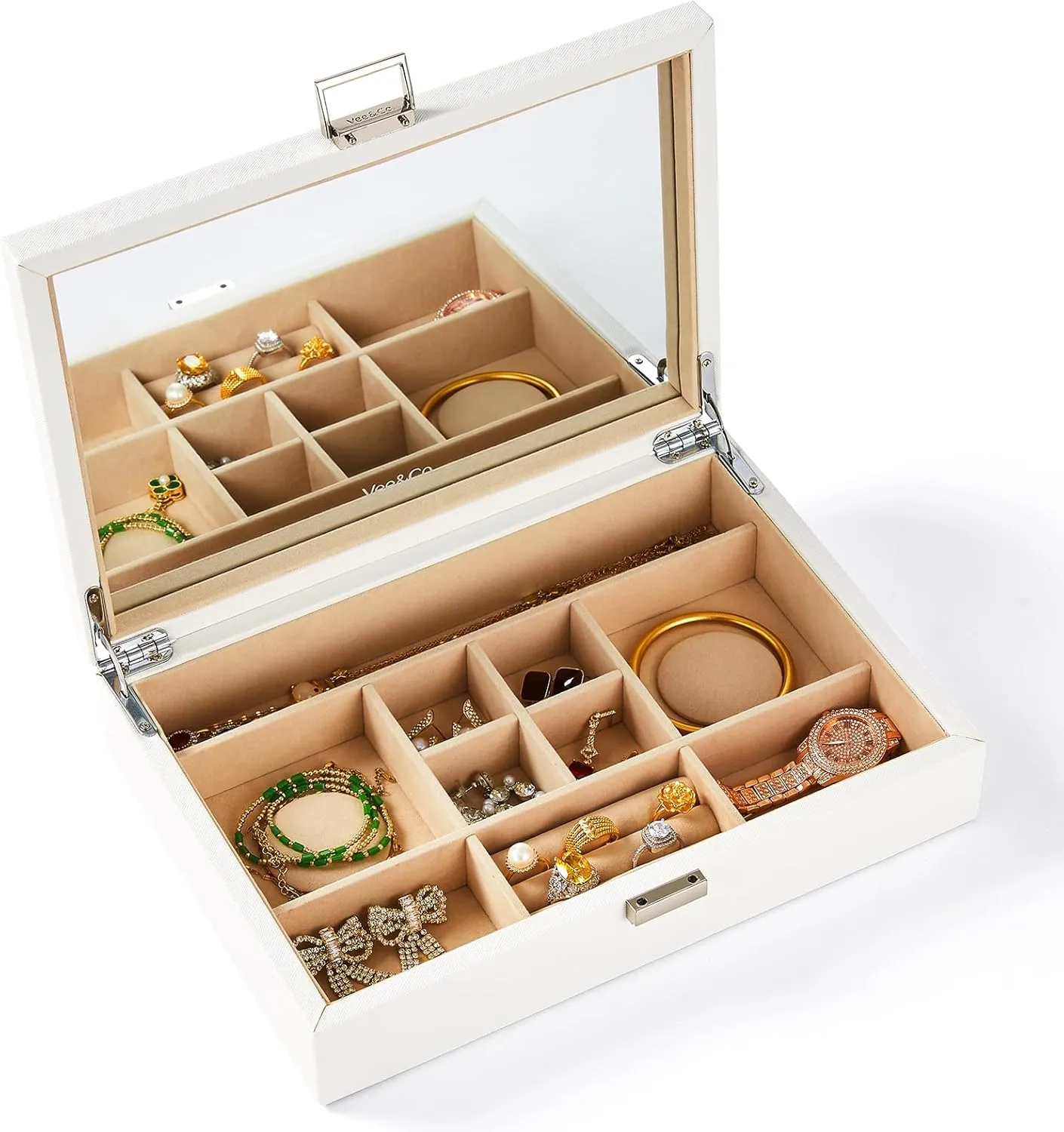 Vee Jewelry Box with Lid,Jewelry Organizer with big Mirror,PU Leather Jewelry Storage Display Holder for Necklace Earrings Rings Bracelets,Lockable,Gift for Women Girls(White)