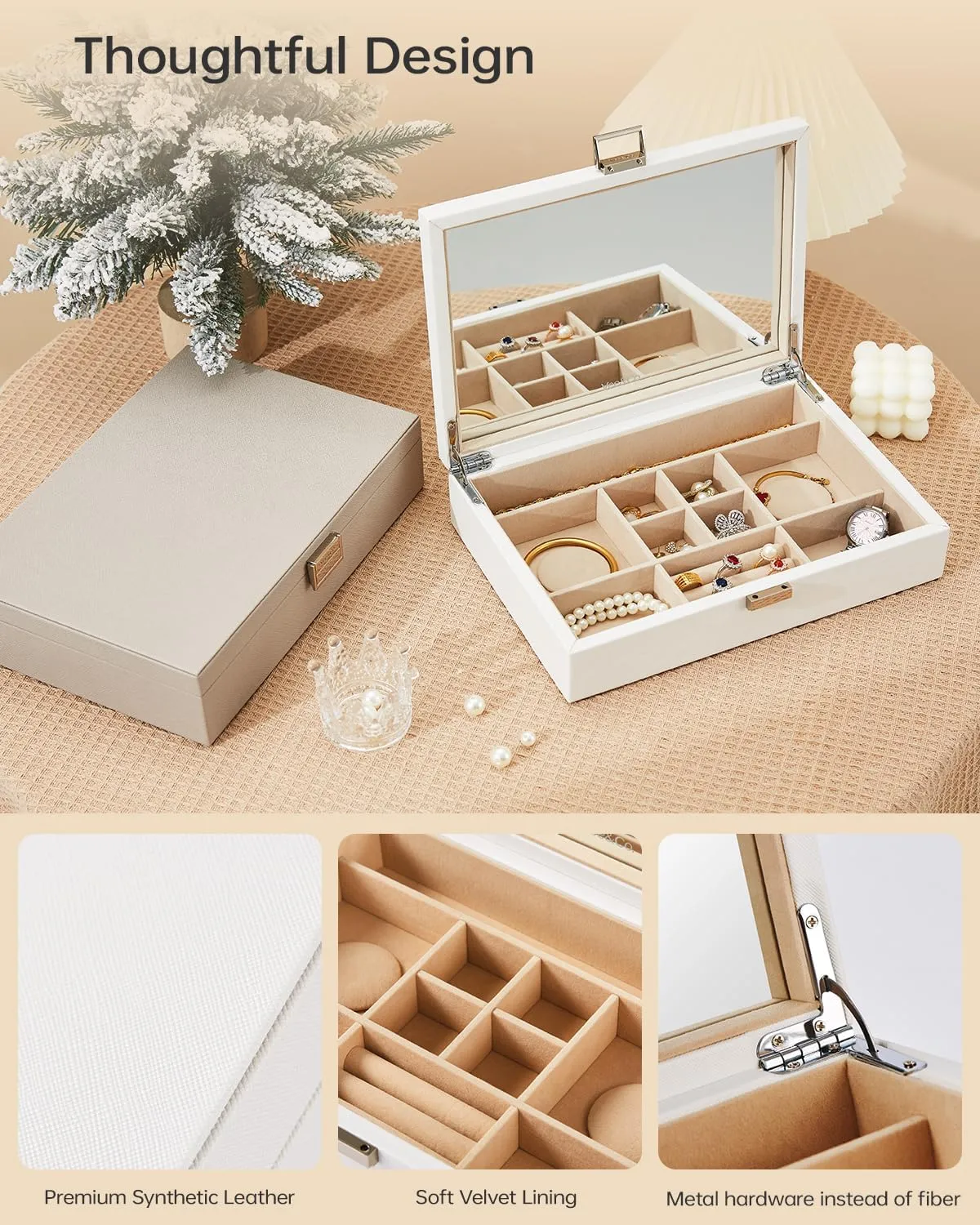 Vee Jewelry Box with Lid,Jewelry Organizer with big Mirror,PU Leather Jewelry Storage Display Holder for Necklace Earrings Rings Bracelets,Lockable,Gift for Women Girls(White)