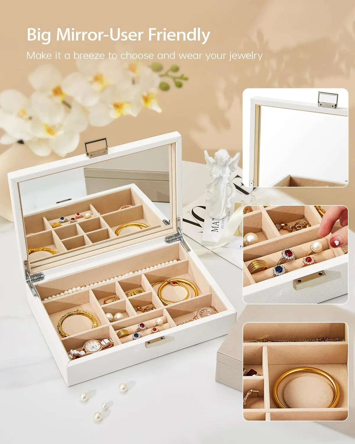 Vee Jewelry Box with Lid,Jewelry Organizer with big Mirror,PU Leather Jewelry Storage Display Holder for Necklace Earrings Rings Bracelets,Lockable,Gift for Women Girls(White)
