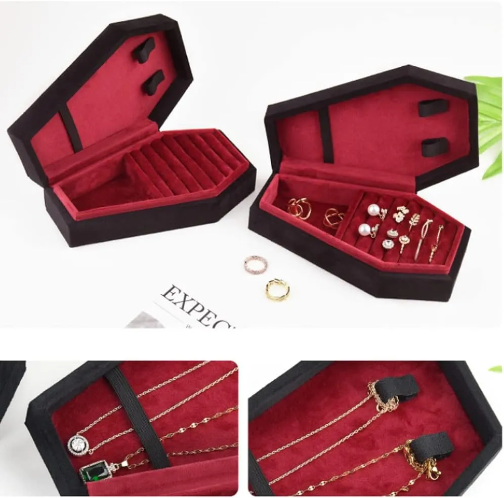 Velvet Coffin Jewelry Travel Case Holder for Gothic Wedding Ceremony,Gothic Jewelry Organizer Decoration (Black and Red)