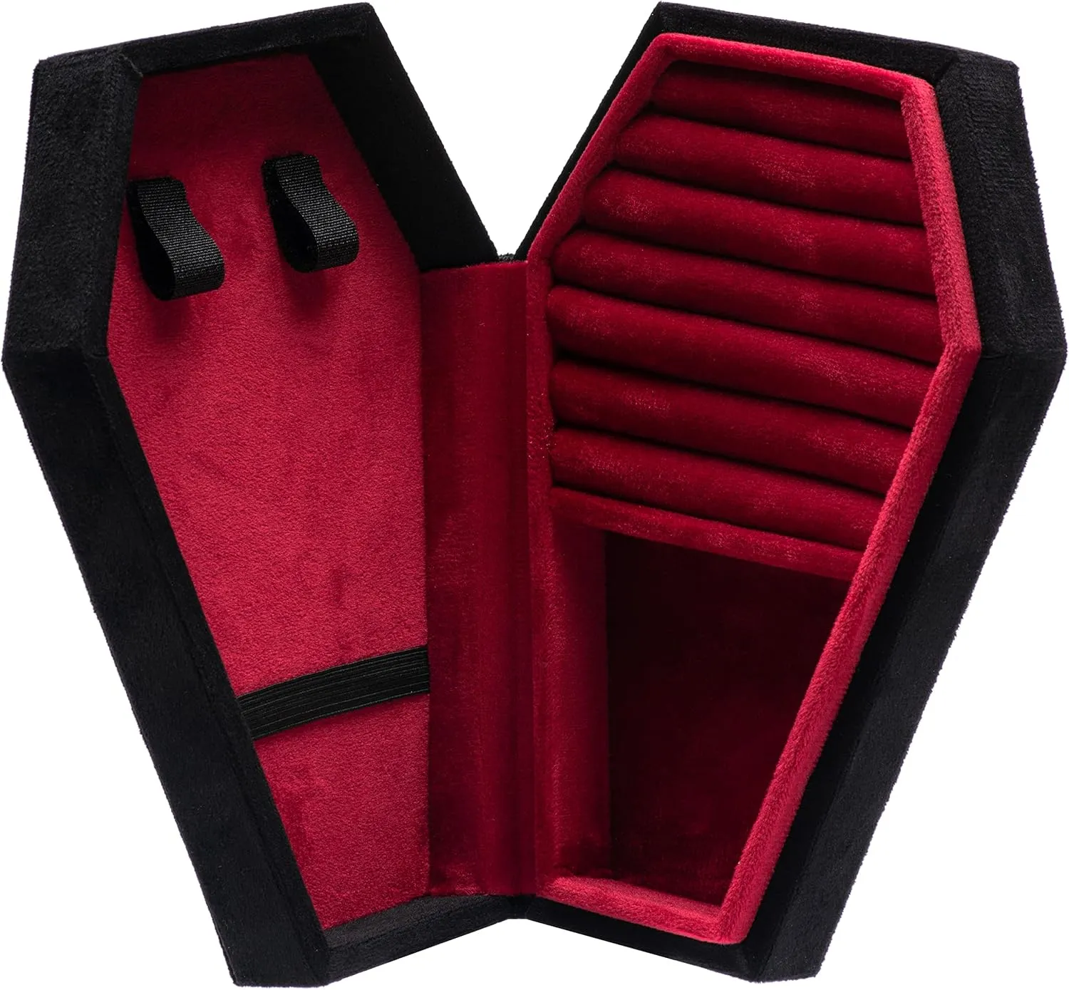 Velvet Coffin Jewelry Travel Case Holder for Gothic Wedding Ceremony,Gothic Jewelry Organizer Decoration (Black and Red)