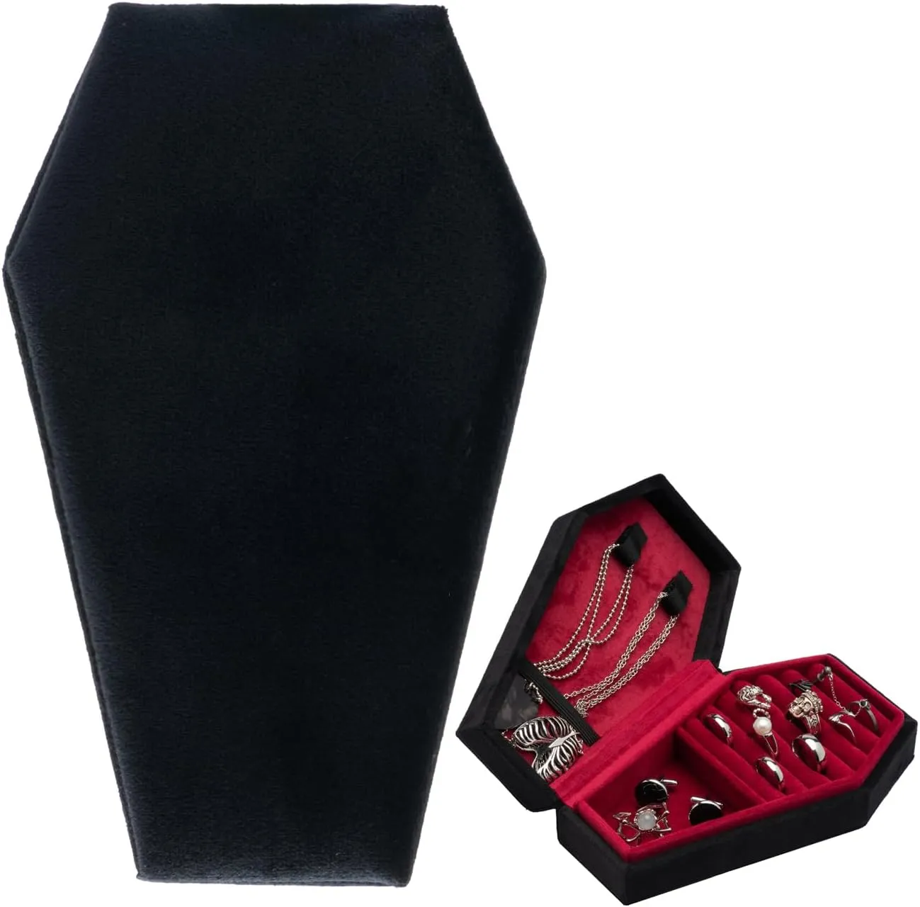 Velvet Coffin Jewelry Travel Case Holder for Gothic Wedding Ceremony,Gothic Jewelry Organizer Decoration (Black and Red)