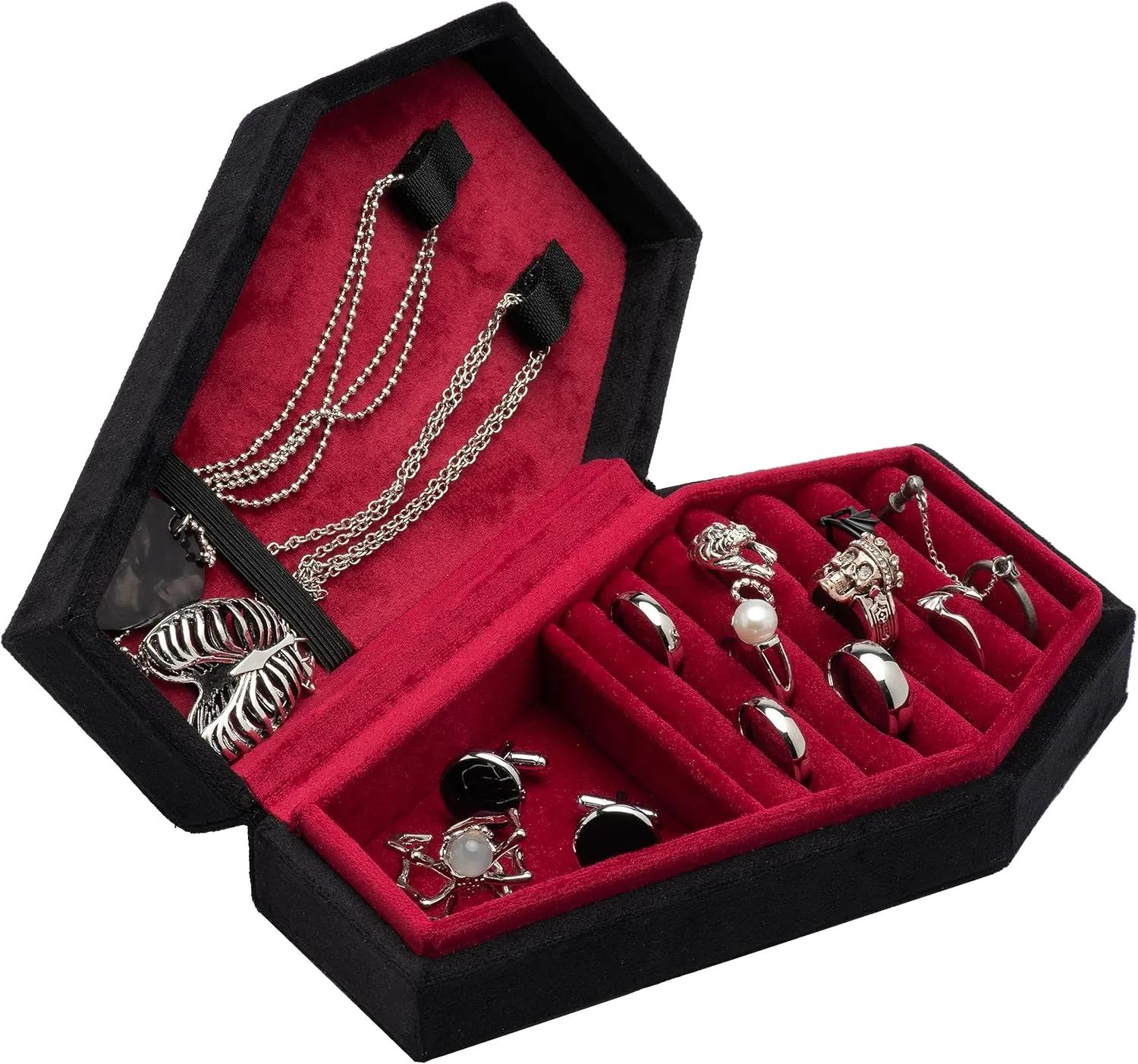 Velvet Coffin Jewelry Travel Case Holder for Gothic Wedding Ceremony,Gothic Jewelry Organizer Decoration (Black and Red)