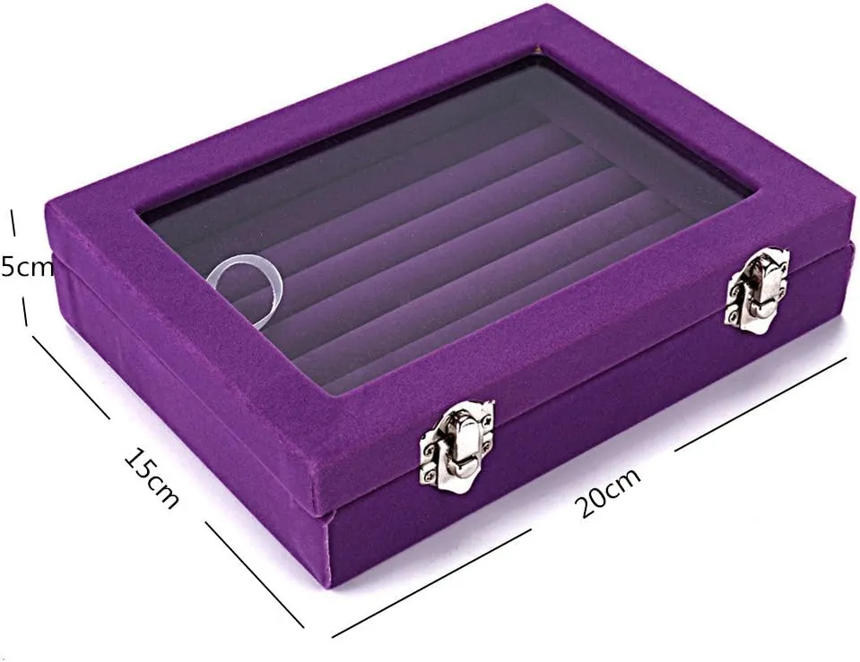 Velvet Glass Jewelry Display Storage Box Ring Earrings Jewelry Box Ring Holder Case, 2 Clasps