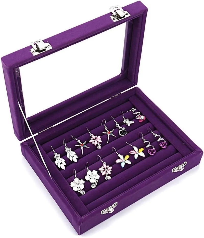 Velvet Glass Jewelry Display Storage Box Ring Earrings Jewelry Box Ring Holder Case, 2 Clasps