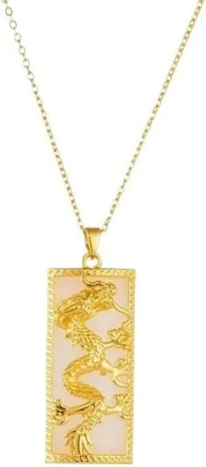 Vintage Dragon Phoenix Imitation Jade Pendant Necklace Stainless Steel Chain Geometric Choker Jewelry Gifts For Women Girls(B)