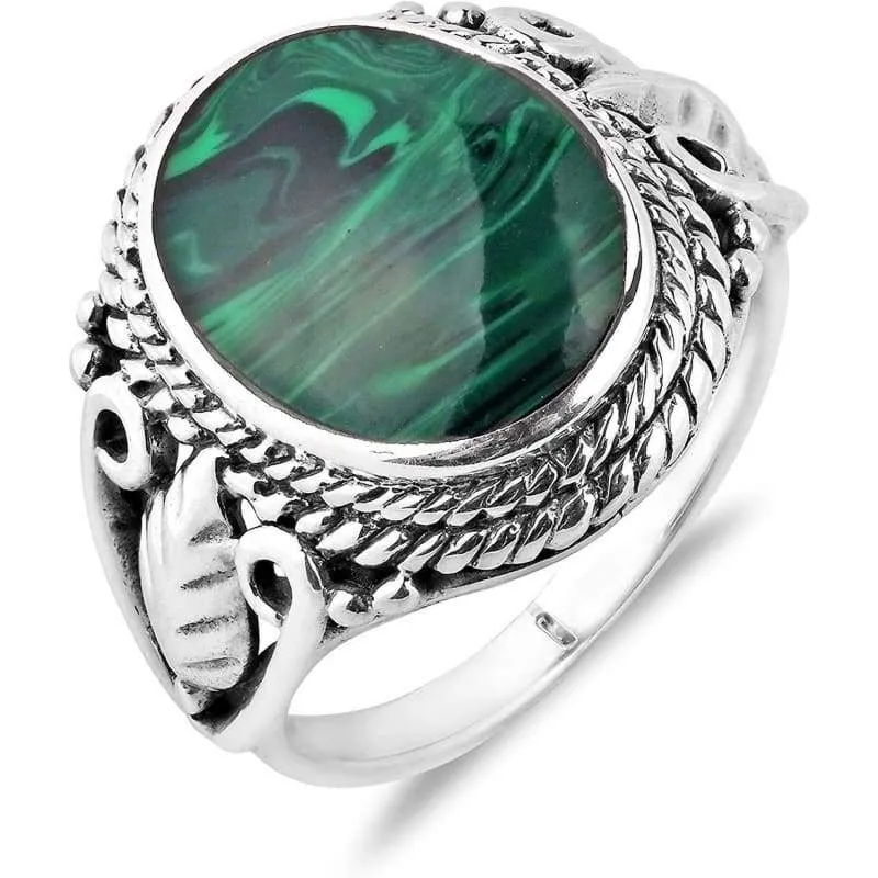 Vintage Inspired Round Green Malachite Nature .925 Sterling Silver Ring