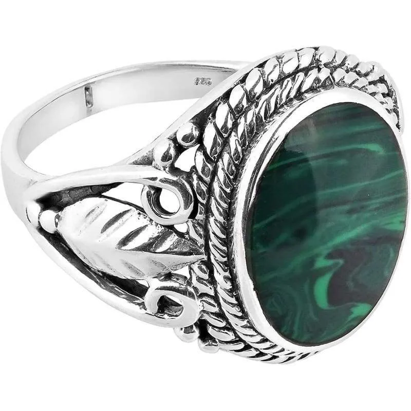 Vintage Inspired Round Green Malachite Nature .925 Sterling Silver Ring