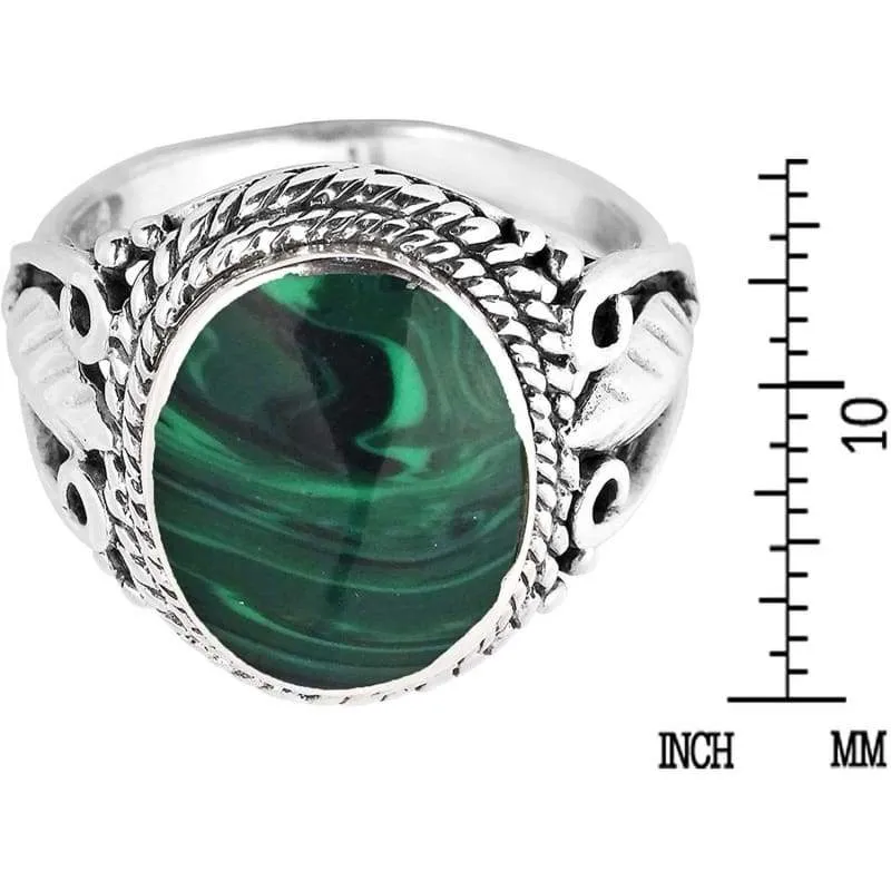 Vintage Inspired Round Green Malachite Nature .925 Sterling Silver Ring