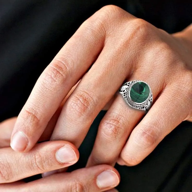 Vintage Inspired Round Green Malachite Nature .925 Sterling Silver Ring