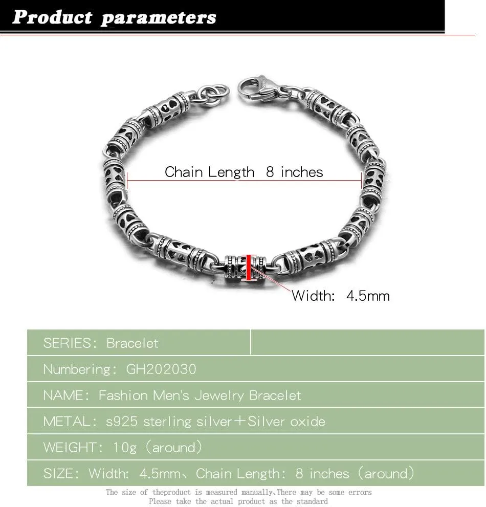 Vintage Men100% 925 Sterling Silver Bracelet Punk hip-hop male Solid pure silve 7-8 inches Chain Hand catenary Jewelry