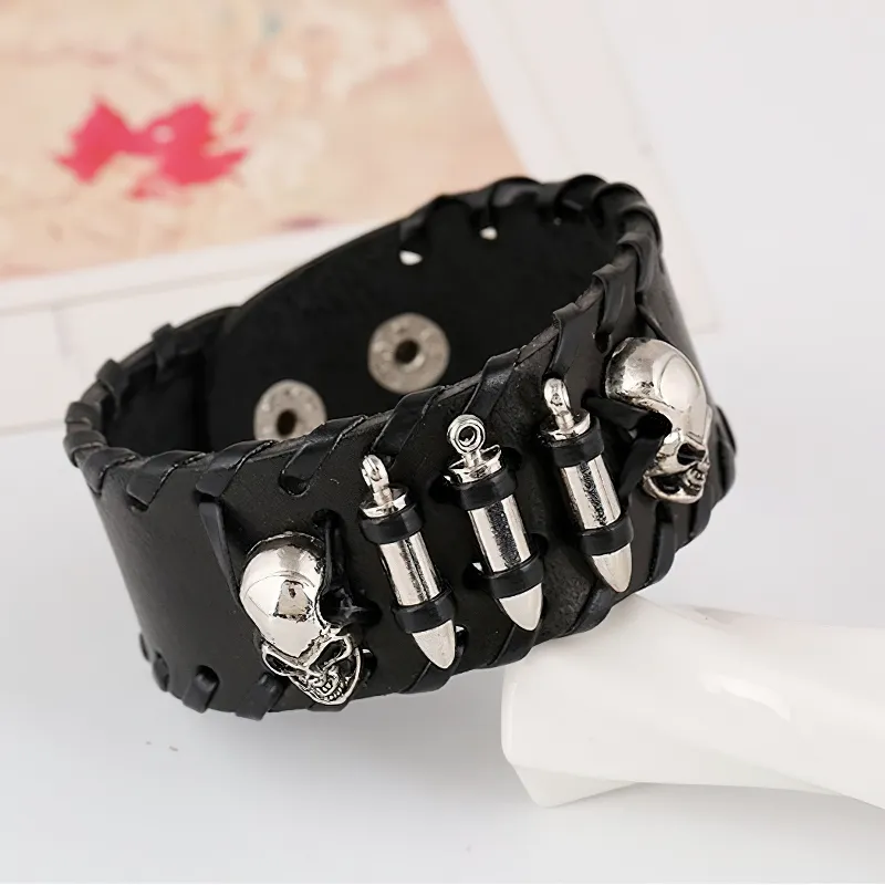 Vintage Metal Skull Leather Bracelet for Men and Women / Fashion Wide Bracelet