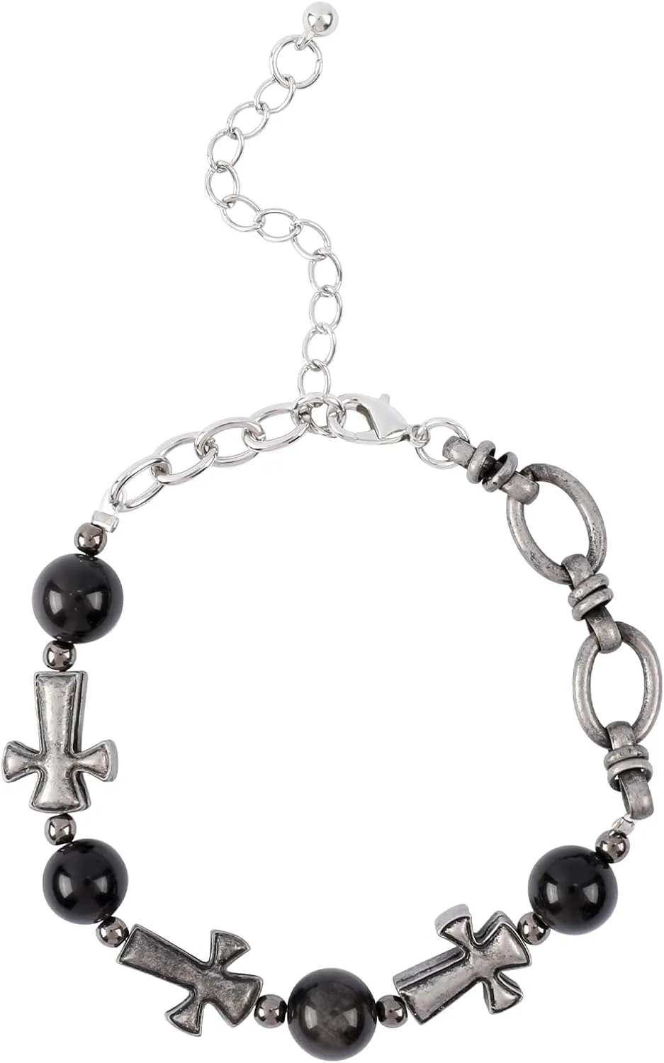 Vintage Silver Cross Charm Link Bracelet for Men Cross Bracelet with Natural Stone Beads Curb Chain Chunky Chain Cross Bracelet Adjustable Trendy Religious Jewelry Gift for Men
