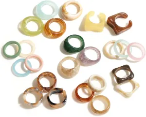 Viva Joya Resin Acrylic Plastic Knuckle Rings for Women, Chunky Trendy Colorful Stackable Jewelry, Statement Dome Thick Rings, Bulk Set