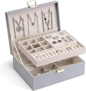 Vlando 2 Layer Jewelry Box Large Jewelry Organizer for Women Removable Jewelery Tray for Necklace Earrings Rings Bracelets Jewelry Boxes Christmas Birthday Gifts for Women(Grey)