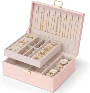 Vlando 2 Layer Jewelry Box Large Jewelry Organizer for Women Removable Jewelery Tray with Watch Pillow for Necklace Earrings Rings Bracelets Jewelry Boxes for Christmas Gifts Mother's Day Gifts (Pink)