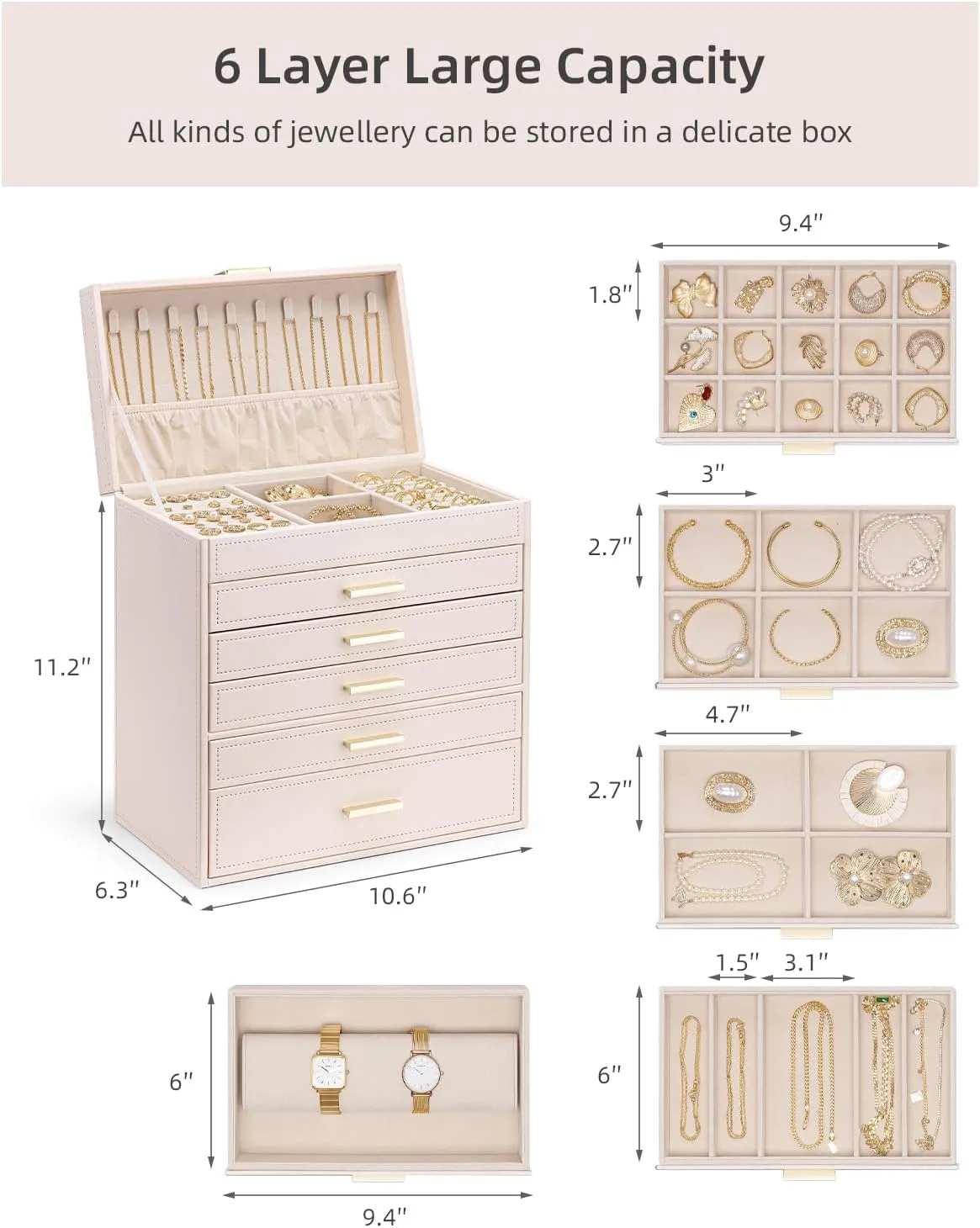 Vlando 6 Layer Large Jewelry Box - Jewelry Holder Organizer, Jewelry Box Organizer for Drawer Necklace Ring Bracelet and Watch, Birthday Gift for Loved Ones - Pink