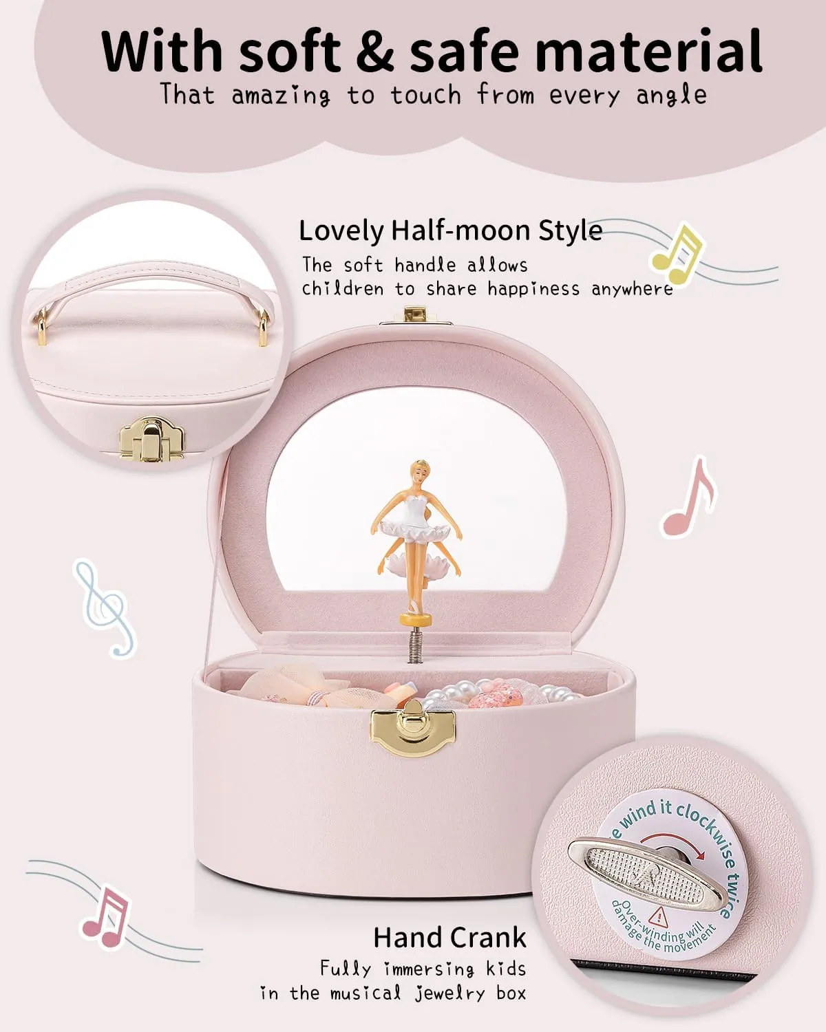 Vlando Jewelry Box for Kids,Small Jewelry Musical Boxes Organzier for Girls,Half Musical Jewelry Case,Ballerina for Birthday Bedroom Decor