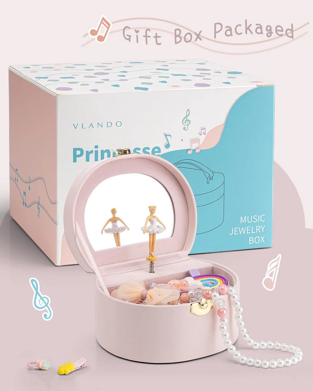 Vlando Jewelry Box for Kids,Small Jewelry Musical Boxes Organzier for Girls,Half Musical Jewelry Case,Ballerina for Birthday Bedroom Decor