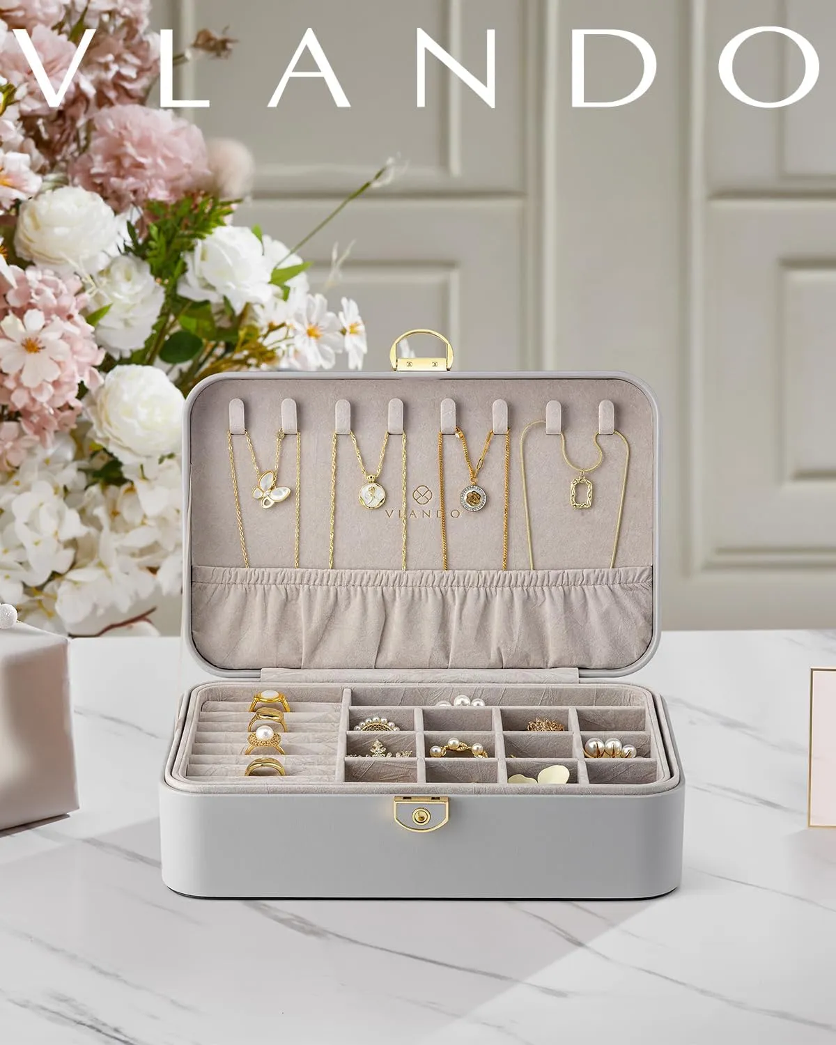 Vlando Jewelry Box,Jewelry Travel Case,2 Layer Jewelry Organizer for Necklace Earring Storage Birthday Gifts for Mom Girls Women (Grey)