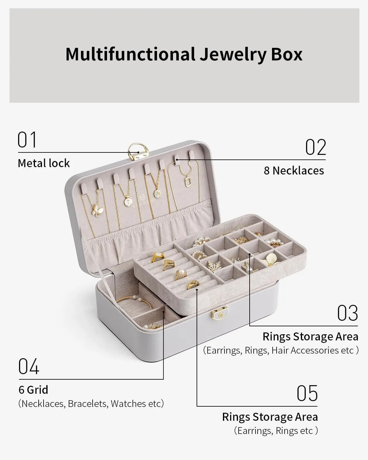 Vlando Jewelry Box,Jewelry Travel Case,2 Layer Jewelry Organizer for Necklace Earring Storage Birthday Gifts for Mom Girls Women (Grey)