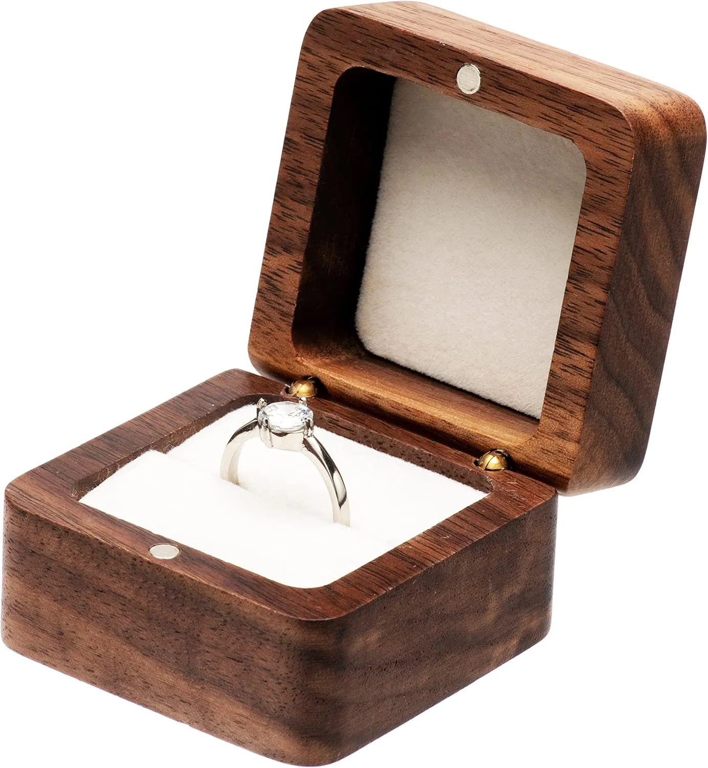 Walnut Wood Engagement Ring Box Jewelry Storage Box for Proposal Birthday (Beige Inner)