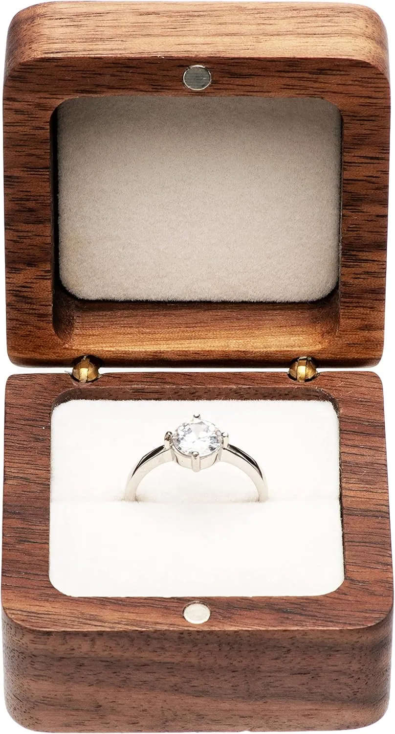 Walnut Wood Engagement Ring Box Jewelry Storage Box for Proposal Birthday (Beige Inner)