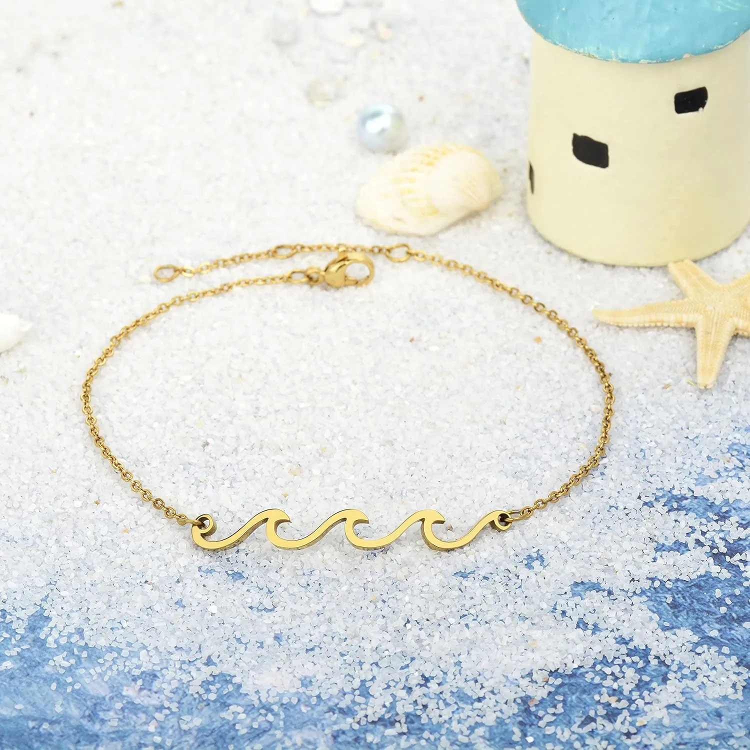 Wave Anklet for Women Gold Silver Plated Beach Ankle Bracelets Ocean Wave Boho Anklets Adjustable Summer Foot Jewelry for Women Birthday Gifts