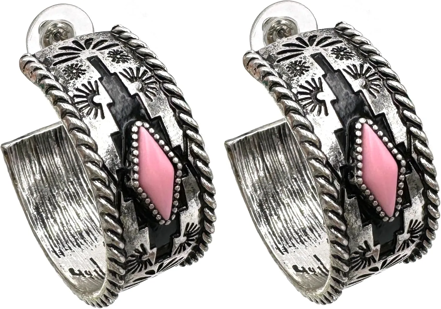 Western Navajo Stone Style Metal C Hoop Earrings in Pink, Turquoise