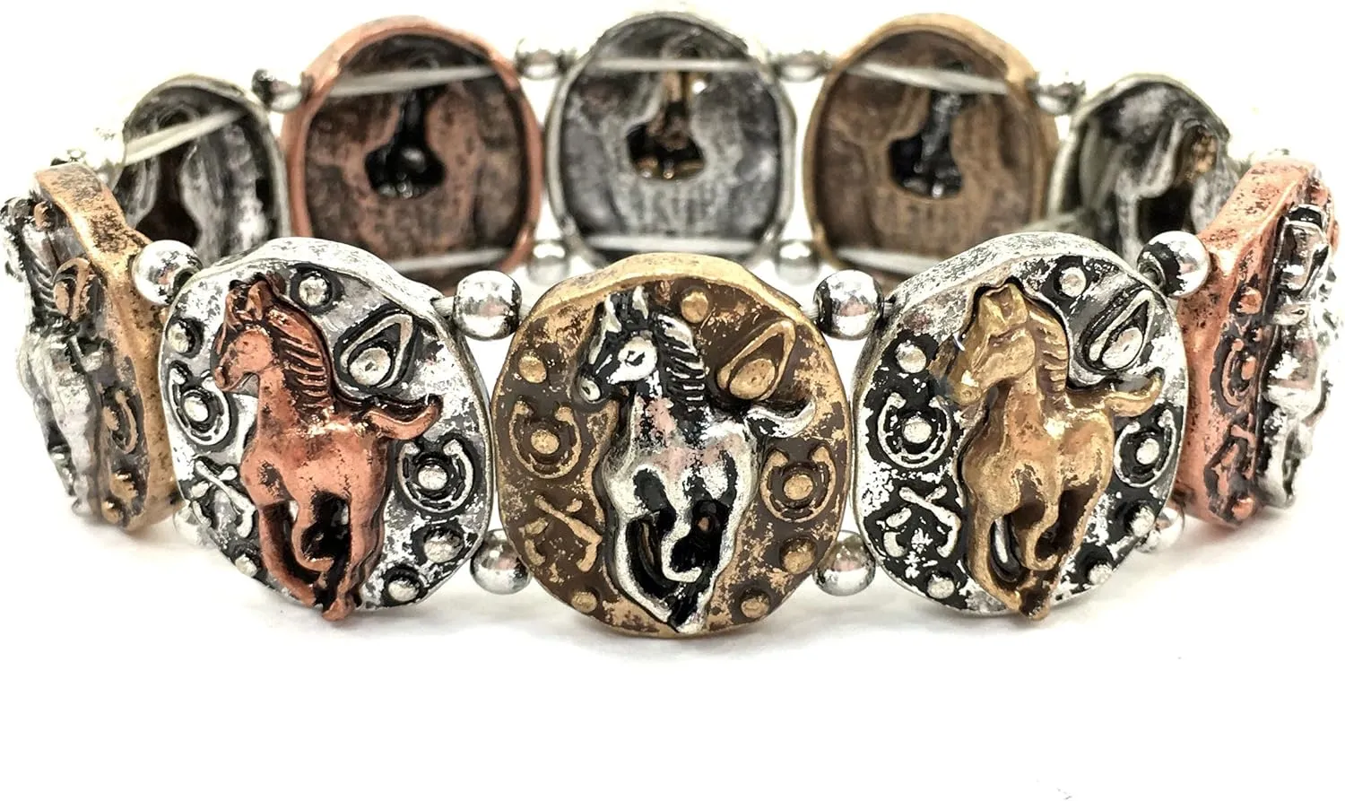 Western Peak Hammered Western Vintage Tritone Running Horse Charm Stretchable Bracelet