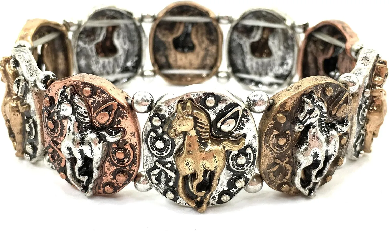 Western Peak Hammered Western Vintage Tritone Running Horse Charm Stretchable Bracelet