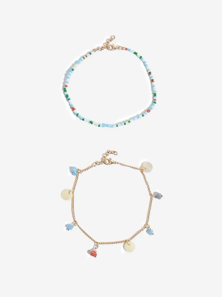 Westside Accessories Gold & Blue Shell Anklet Set - Pack of 2